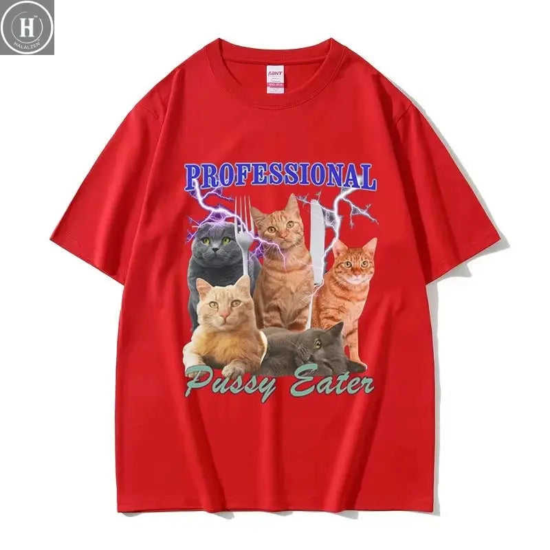Professional Pussy Eater Funny Cat Lover Tee Shirt Men's Casual Fashion Clothing T-shirt Unisex 100% Cotton Oversized T Shirts HALALZEN
