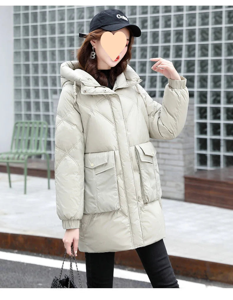 2024 New Women Jacket Winter Parkas Long Coat Fur Collar Hooded Glossy Overcoat Female Cotton Padded Parka Waterproof Outwear