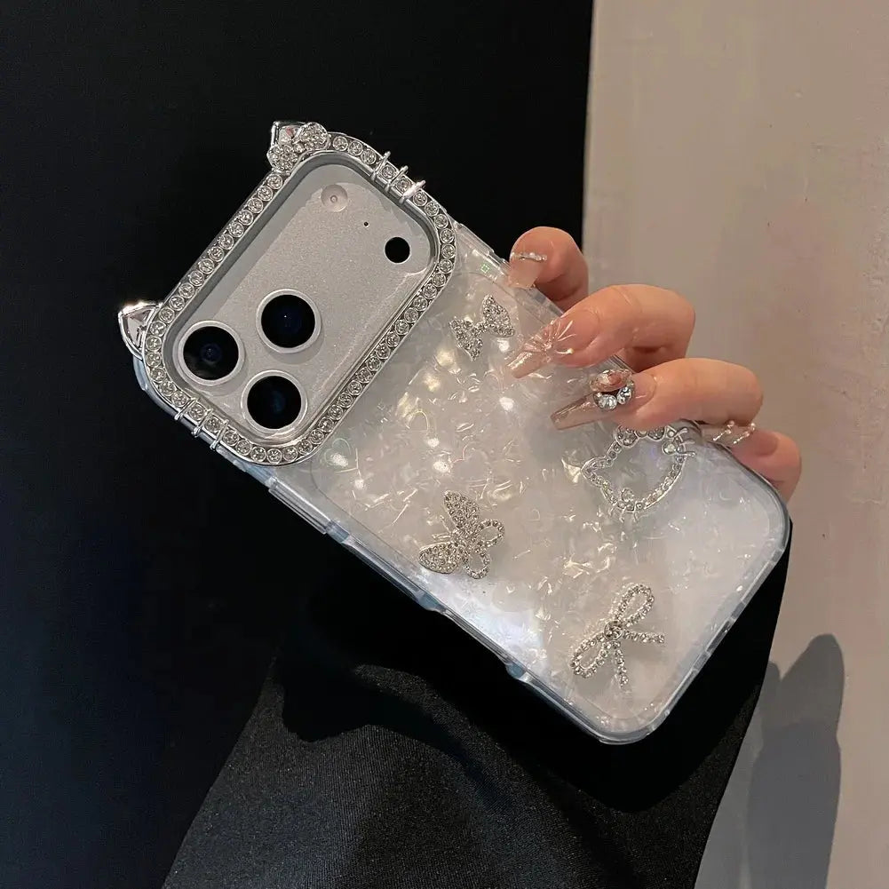 Cute Ear Bow and Butterfly Lens Rhinestone Frame Case for iPhone 17 Pro Max 17 Pro Air 16 Pro 15 14 + 13 Pro 12 11 Protect Cover Halalzen UK