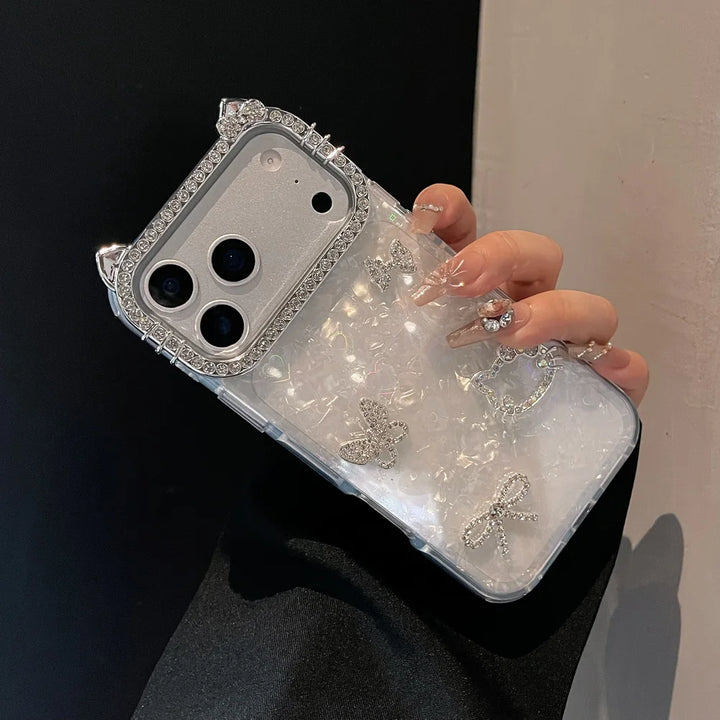 Cute Ear Bow and Butterfly Lens Rhinestone Frame Case for iPhone 17 Pro Max 17 Pro Air 16 Pro 15 14 + 13 Pro 12 11 Protect Cover