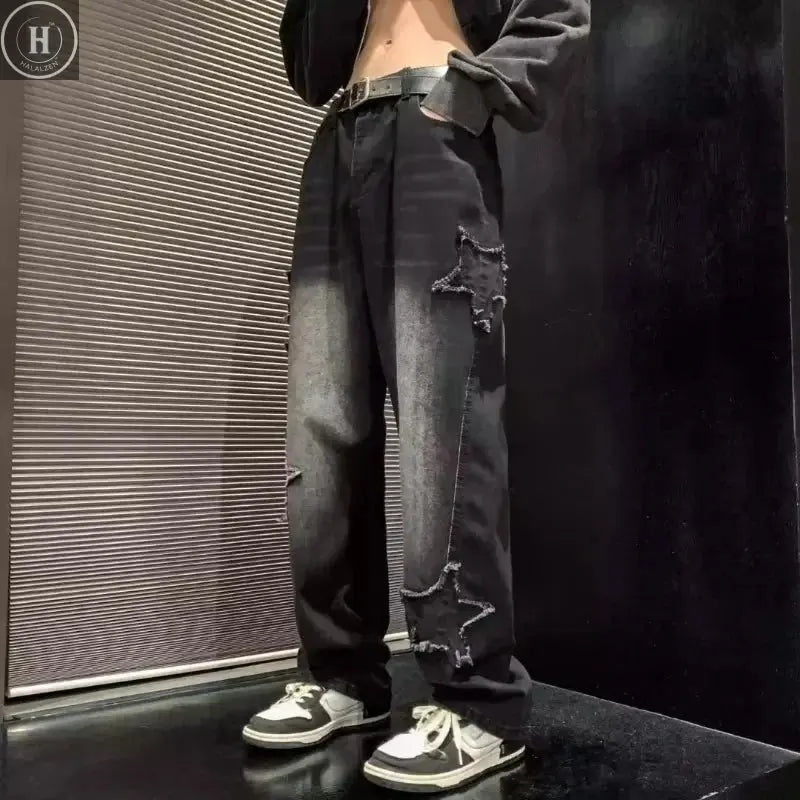 2025 New Fashion Stars Towel Embroidery Brown Men Jeans Pants Y2K Clothes Straight Hip Hop Cotton Trousers Pantalon Homme Halalzen UK