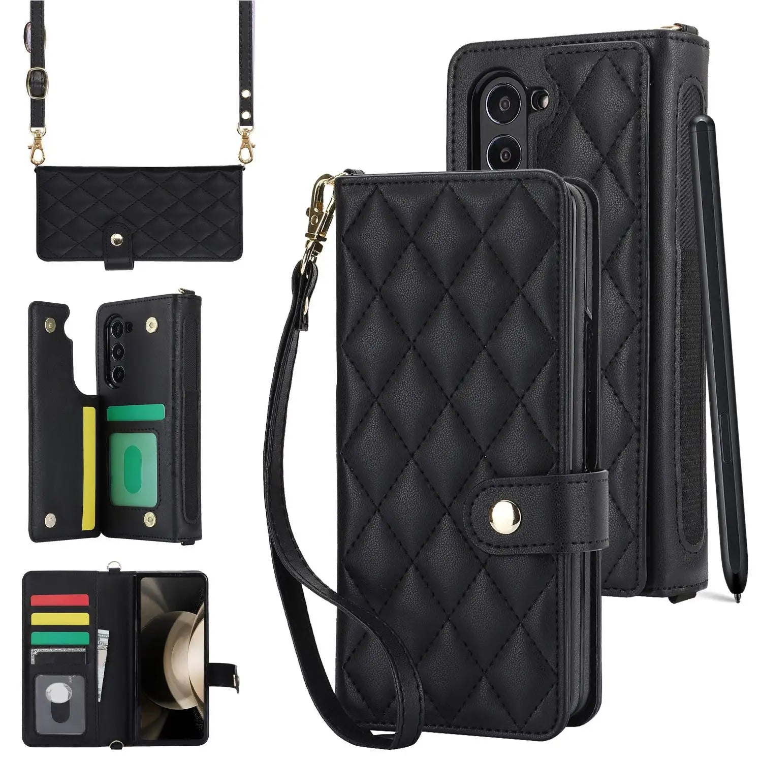 PU Leather Flip Wallet Case For Samsung Galaxy Z Fold 6 5 4 3 5G With Holder Crossbody Wrist Strap Card Slot Stand Phone Cover