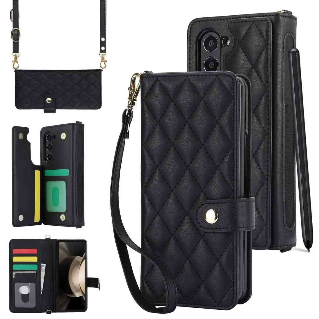 PU Leather Flip Wallet Case For Samsung Galaxy Z Fold 6 5 4 3 5G With Holder Crossbody Wrist Strap Card Slot Stand Phone Cover