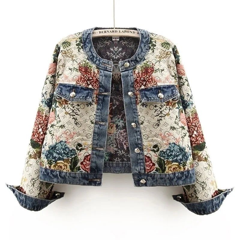 Chinese retro jacquard long-sleeved round neck denim jacket women's spring new fashion temperament short Joker little jacket.