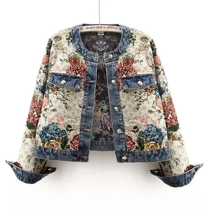 Chinese retro jacquard long-sleeved round neck denim jacket women's spring new fashion temperament short Joker little jacket.