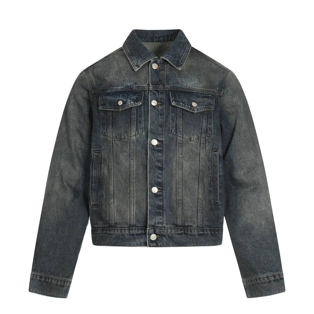 Pocket Spliced Denim Jacket Mens Autumn Winter Retro High Street Washed Distressed Lapel Single Breasted Cowboy Jacket Man