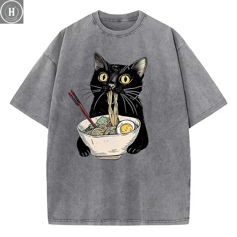 Unisex Hip Hop T Shirt Vintage Washed 100% Cotton T-Shirt Black Retro Cat Eating Ramen Graphic Tee Casual Streetwear HALALZEN