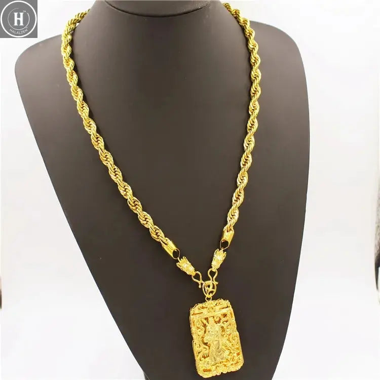 Luxurious 9999 24K real gold men's necklace Guan Gong Guanyin faucet pendant domineering fashion accessories HALALZEN