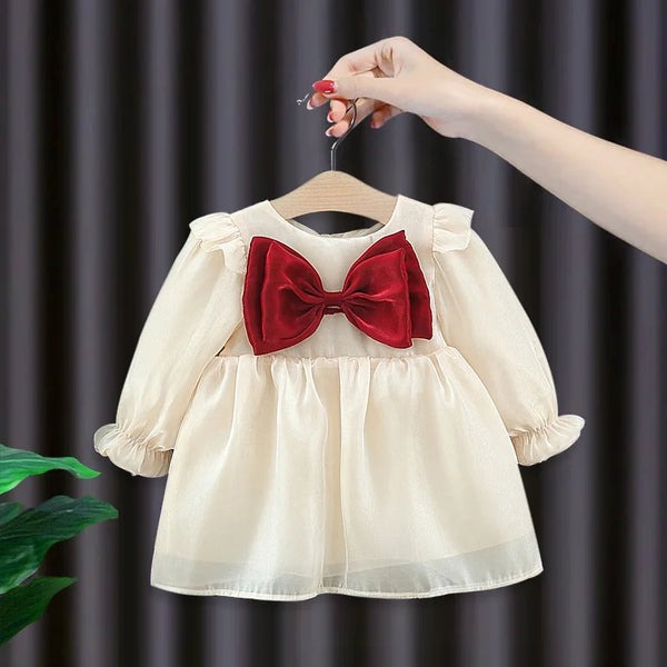 Baby Girls Dress Cute Bow Spring Autumn Long Sleeves Princess Baby Dress