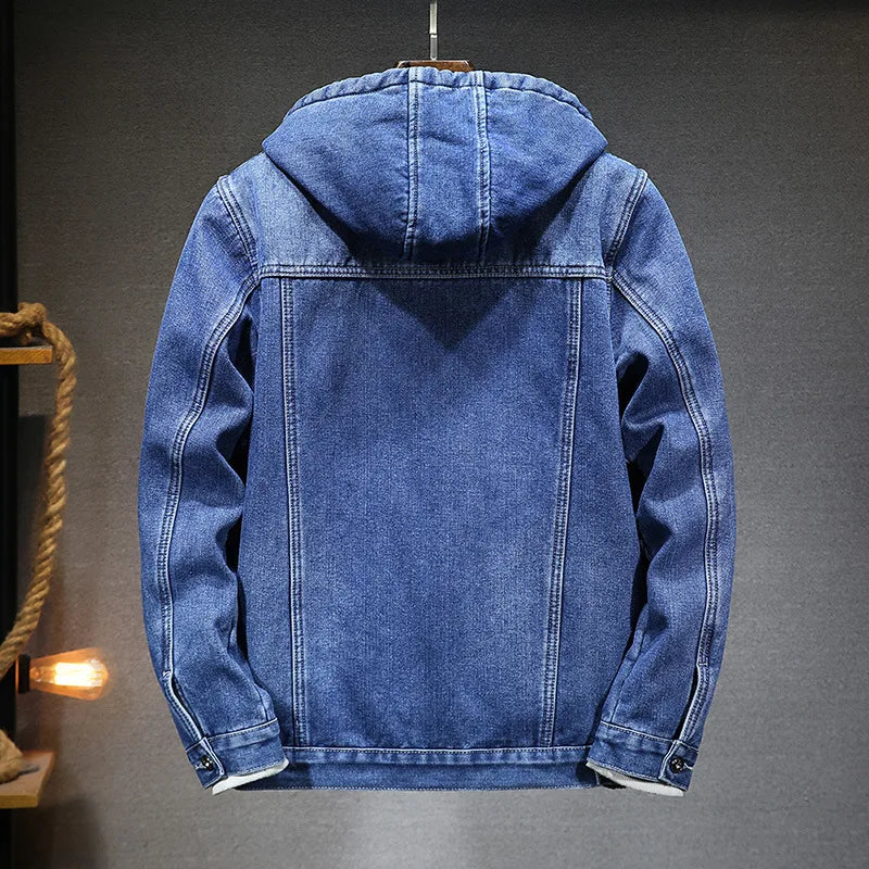 Hooded Denim Jacket Men's Retro Jacket Autumn and Winter Coat Hooded Plus Velvet Windbreaker Thickened and Warm for Men