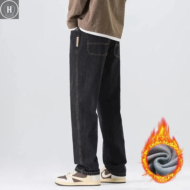 High Quality Winter Warm Fleece Thermal Men's Jeans Loose Straight Cotton Casual Wide-leg Business Trousers Man Plus Szie 40 42 HALALZEN