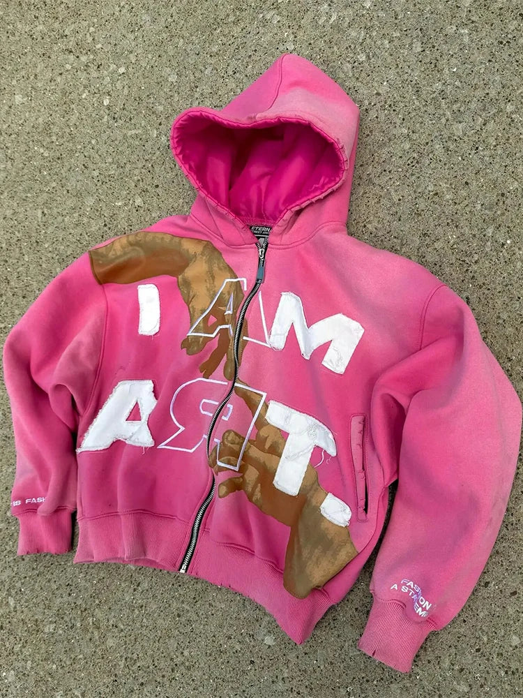 Trendy Baggy Hooded Cardigan Mens Y2K Pattern Print Loose Zip-up Hoodie Sweatshirt Men Spring Hip Hop Long Sleeve Hoodies Unisex