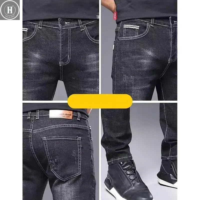 Men's Stylish Classic Business Casual Jeans Four Seasons Wear Black Blue Pants Middle-waist Leggings Denim Fabric Trousers Male Halalzen UK