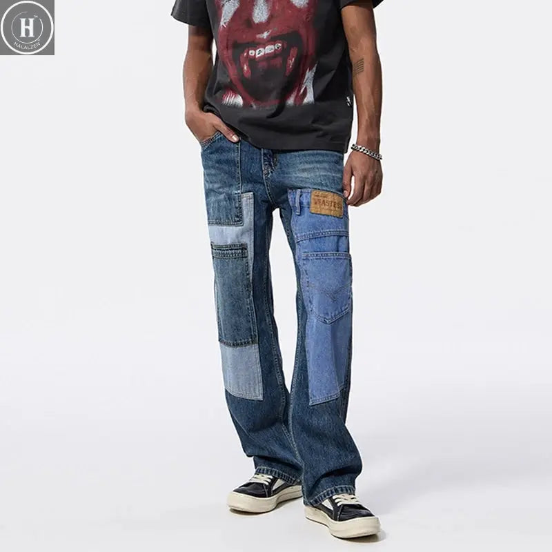 Men's Patchwork Pattern Design Baggy Jeans Cool Boy Street Style Bottoms Casual Pants Fashion Wide Leg Trousers Male Sweatpants HALALZEN