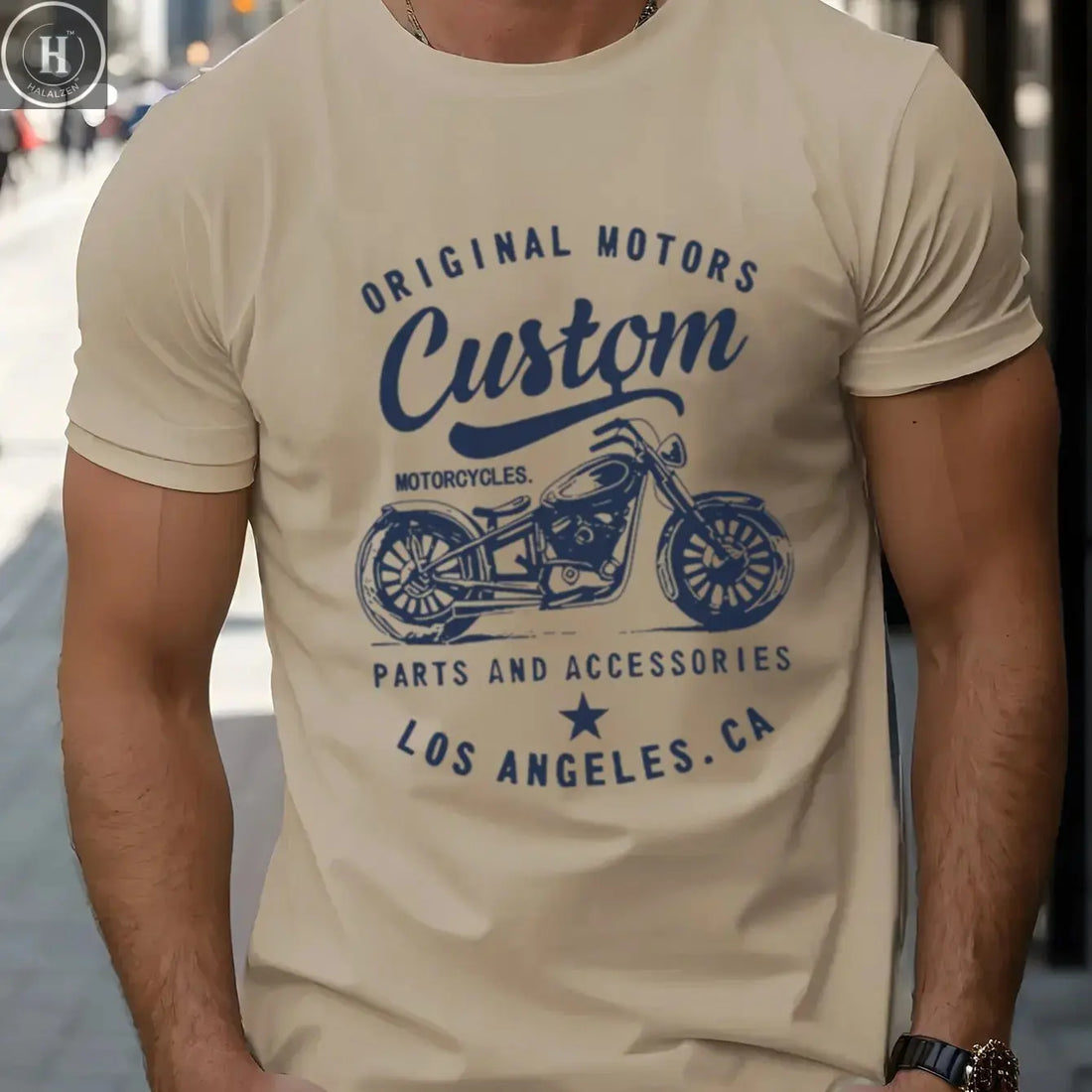 Men's 100% cotton fashionable casual loose oversized retro motorcycle pattern printed round neck short sleeved t-shirt HALALZEN