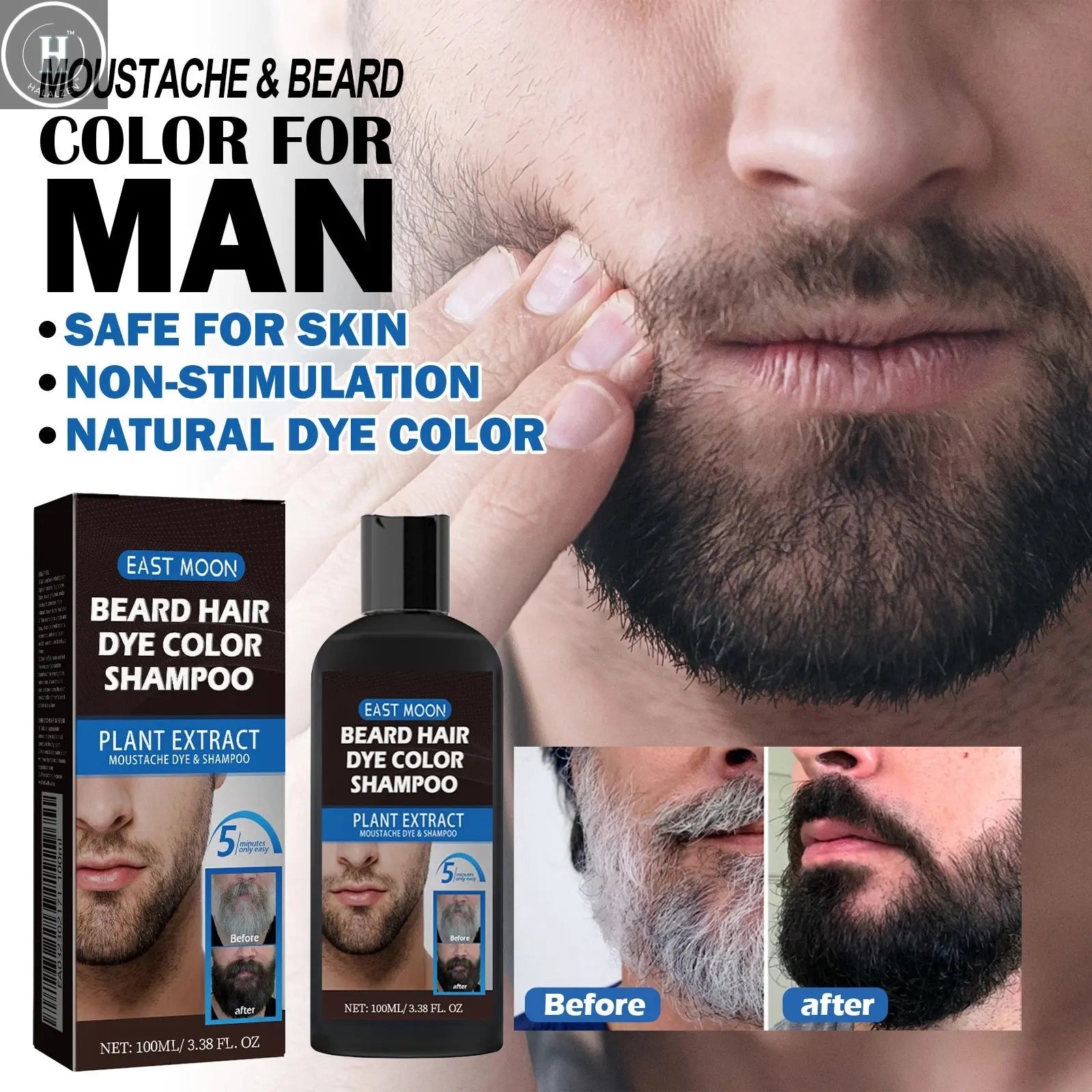 100ml Herbal Extract Fast Permanent Black Dye Grey Hair Shampoo Natural Black Beard Dye Shampoo For Men Hair Color Dye Cream HALALZEN