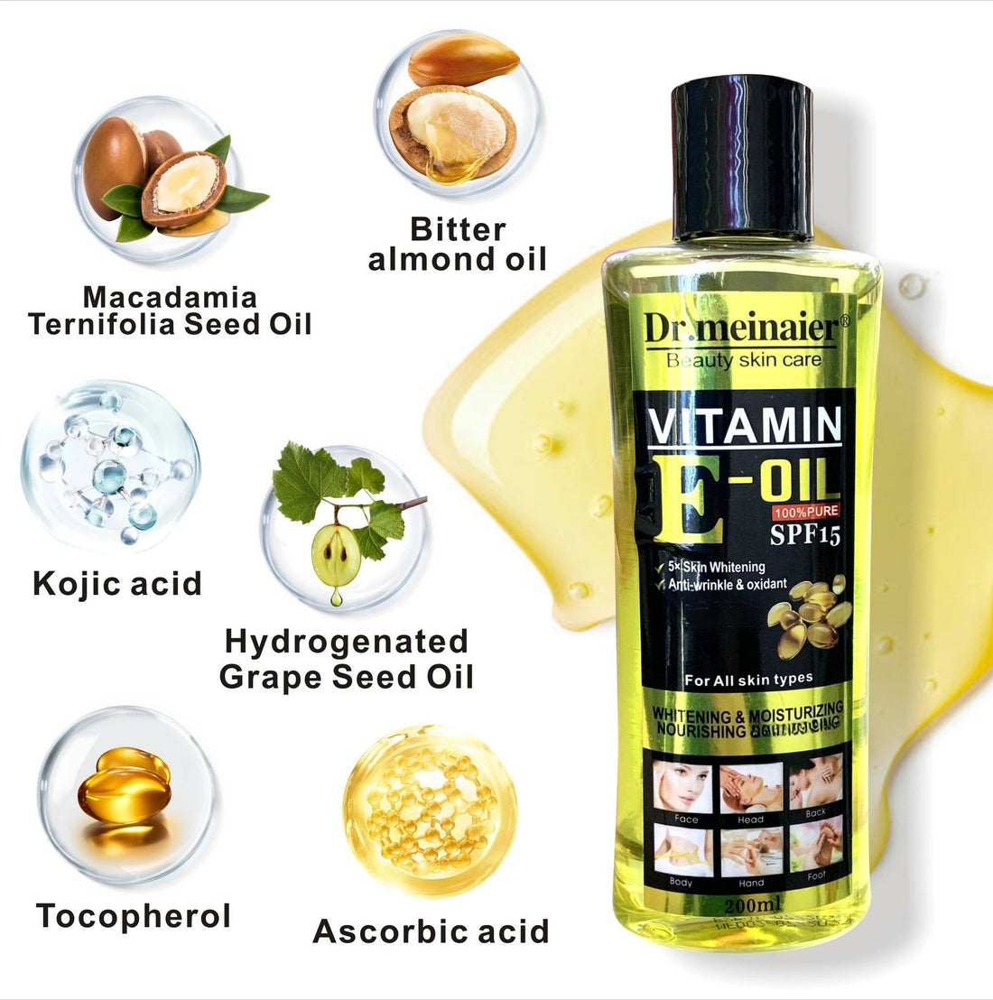 200ml Vitamin C Whitening Facial Essential Oils Vitamin E Body Moisturizing Massage Oil Natural SPA Emollient Oil HALALZEN