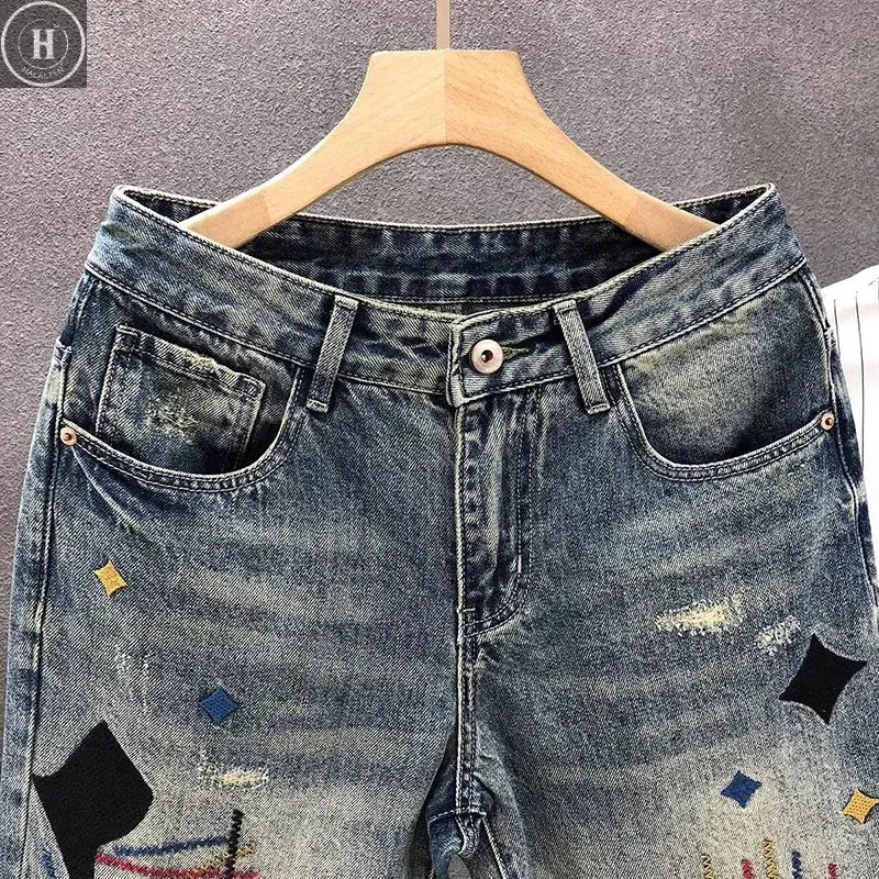 Japanese And Korean New Retro Men'S Jeans Embroidered Print Tapered Jeans Straight Leg Jeans Y2k Baggy Pants Halalzen UK