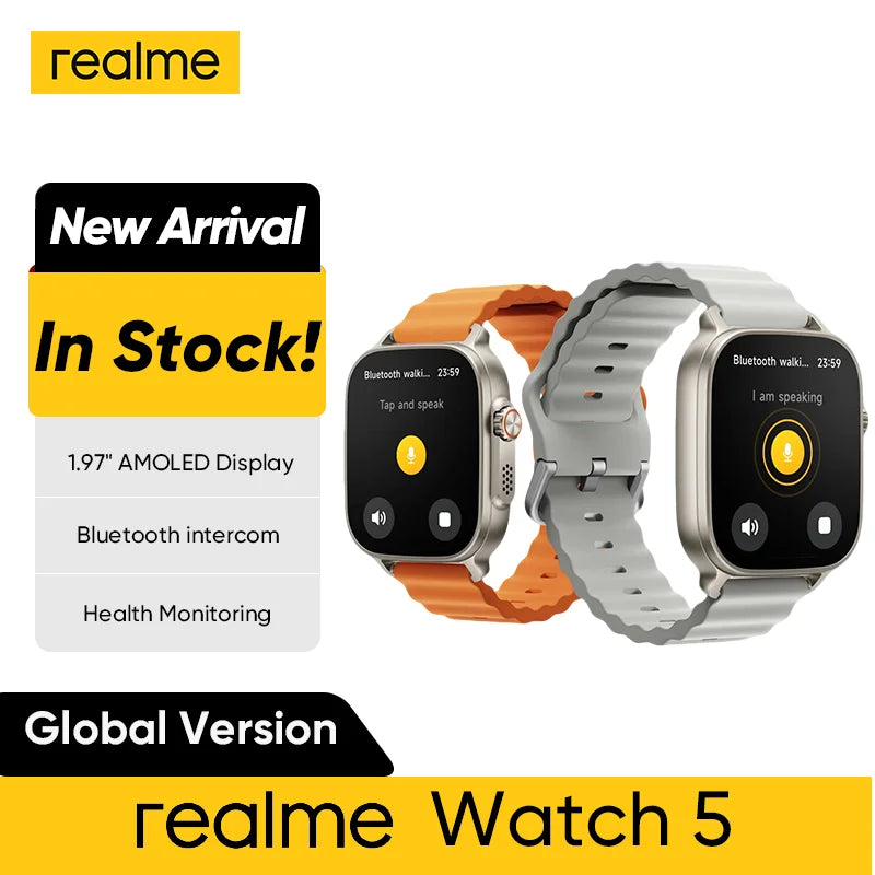 Global Version realme watch 5 1.97" 600nits AMOLED 460mAh 14-Day Battery Life 300+ Themes Support GPS GNSS IP68 waterproof