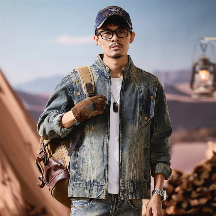 Men Heavy Industry Washed Denim Rivet Vintage Fashion Stand Collar Motorcycle Jacket Man Streetwear Runk Hip Hop Jeans Coat
