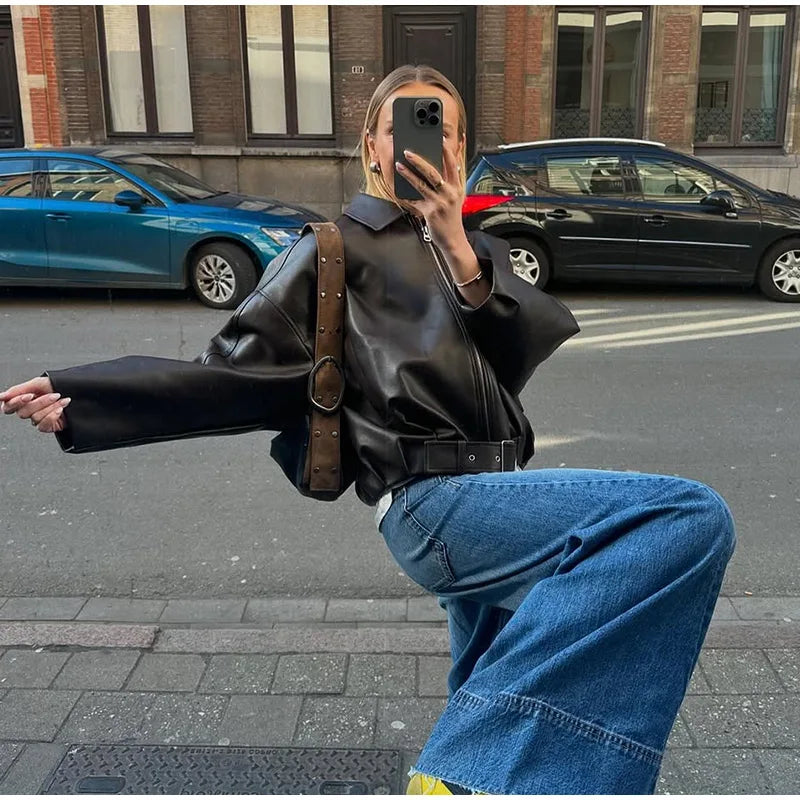 Vintage PU Leather Bomber Jackets 2025 Autumn New Ladies Zipper Lapel Long Sleeve Pocket Coat With Belt Women's Loose Streetwear