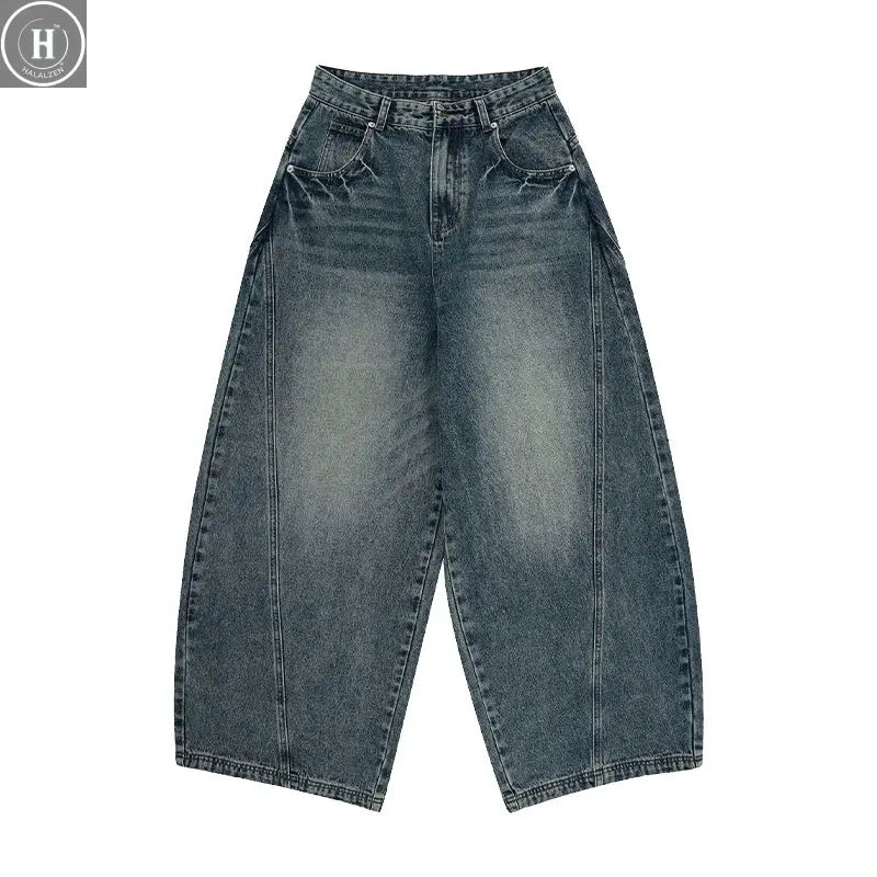 2025 Spring New Men's Jeans Oversized Wide Leg Pants Loose Vintage Patchwork Lightning Cracked Denim Trousers Streetwear Male HALALZEN