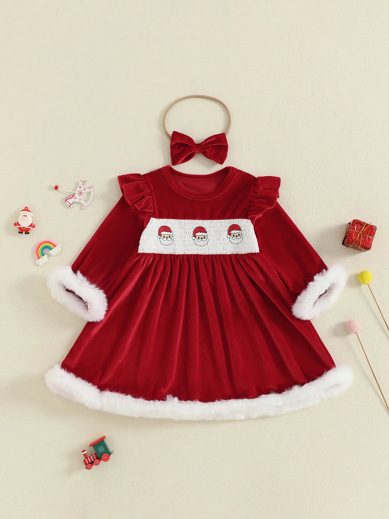 Christmas Toddler Girl Velvet Dress with Santa Claus Embroidery Round Neck Long Sleeves A Line Silhouette and Matching Bow