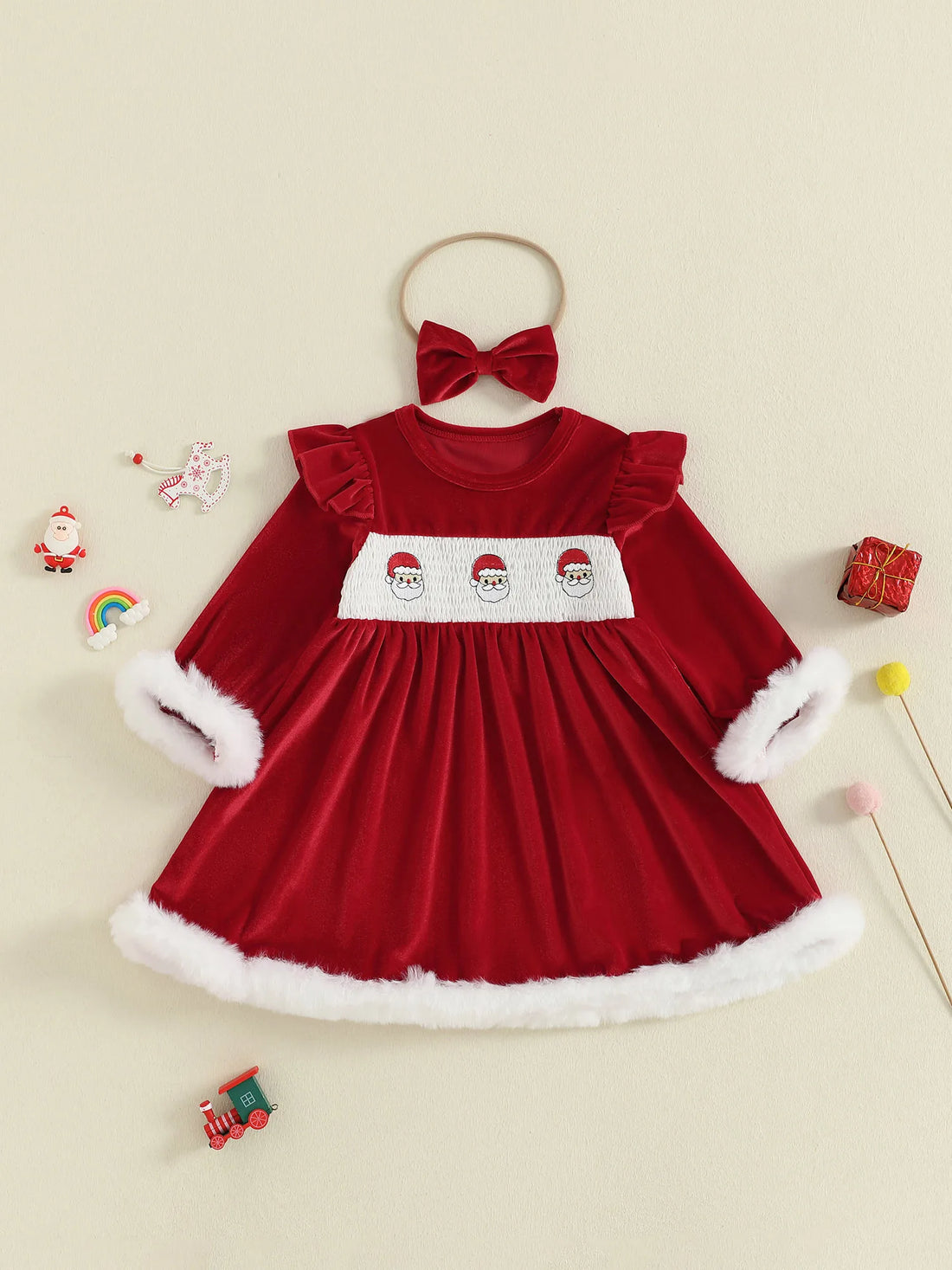 Christmas Toddler Girl Velvet Dress with Santa Claus Embroidery Round Neck Long Sleeves A Line Silhouette and Matching Bow