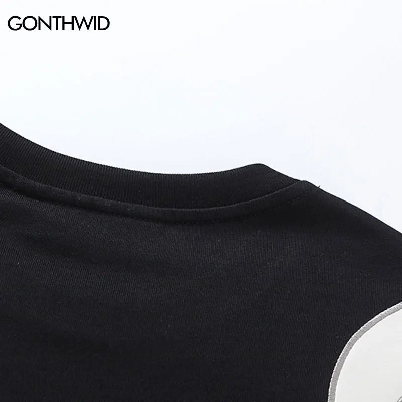 Hip Hop Black T-Shirt Streetwear Embroidery Flame Patchwork Tshirt