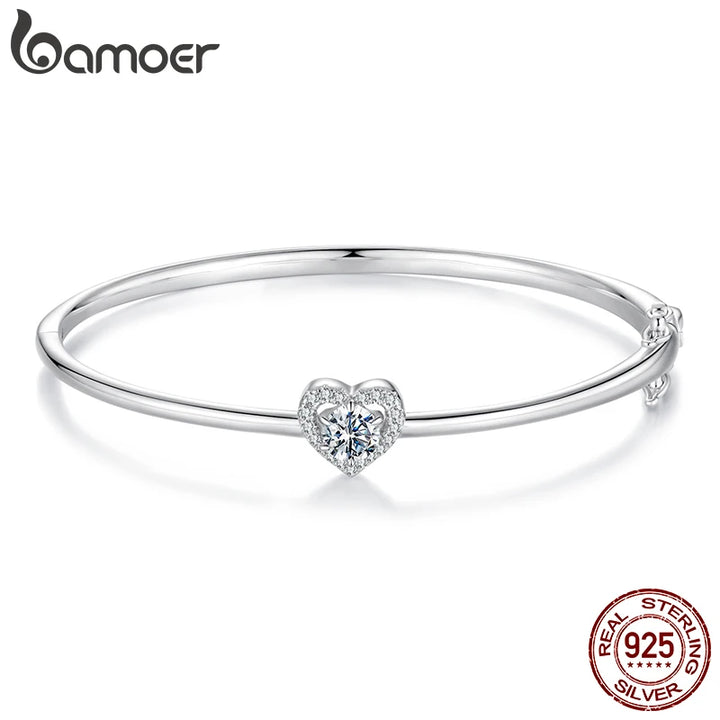 BAMOER 0.5CT Hollowed Heart Moissanite Bracelet Round Cut D Color Wrist Cuff Bangle 925 Sterling Silver for Women Wedding Gift