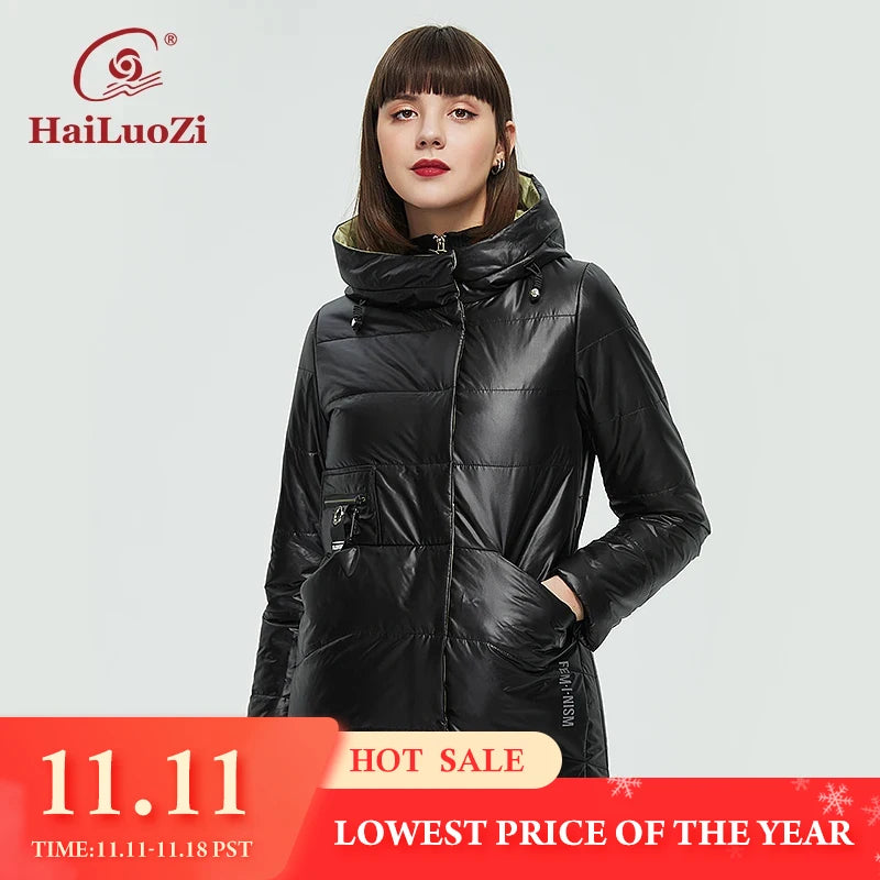 HaiLuoZi Spring Women Jacket Short Parka Fashion Casual Waterproof Warm Women's Autumn Coat Zipper Hooded Female Outwear 875