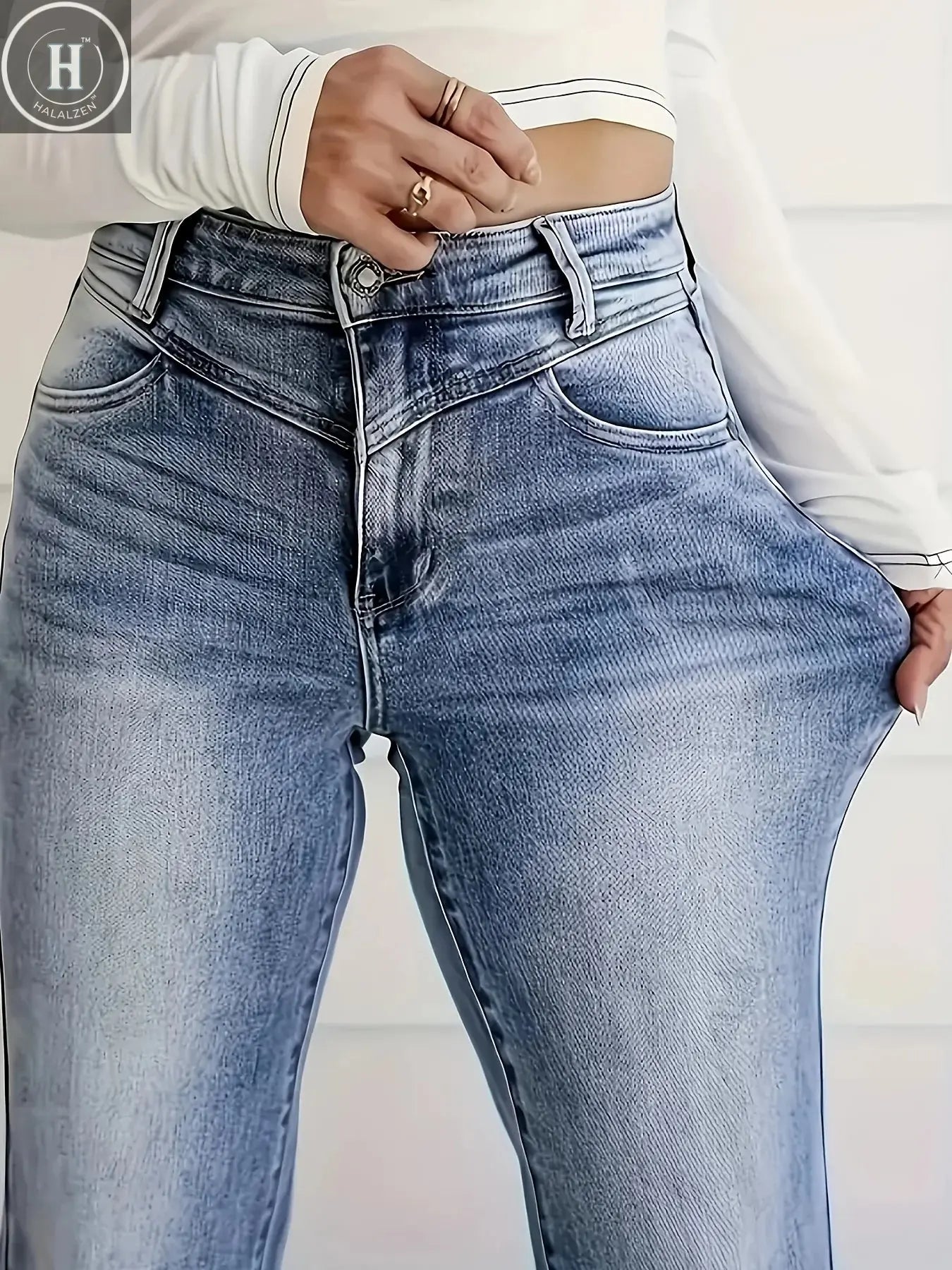 Women's Plus Size Straight Jeans - Summer Temperament Commuter Washed Plus Size Pocket Solid Color Elegant Jeans Halalzen UK