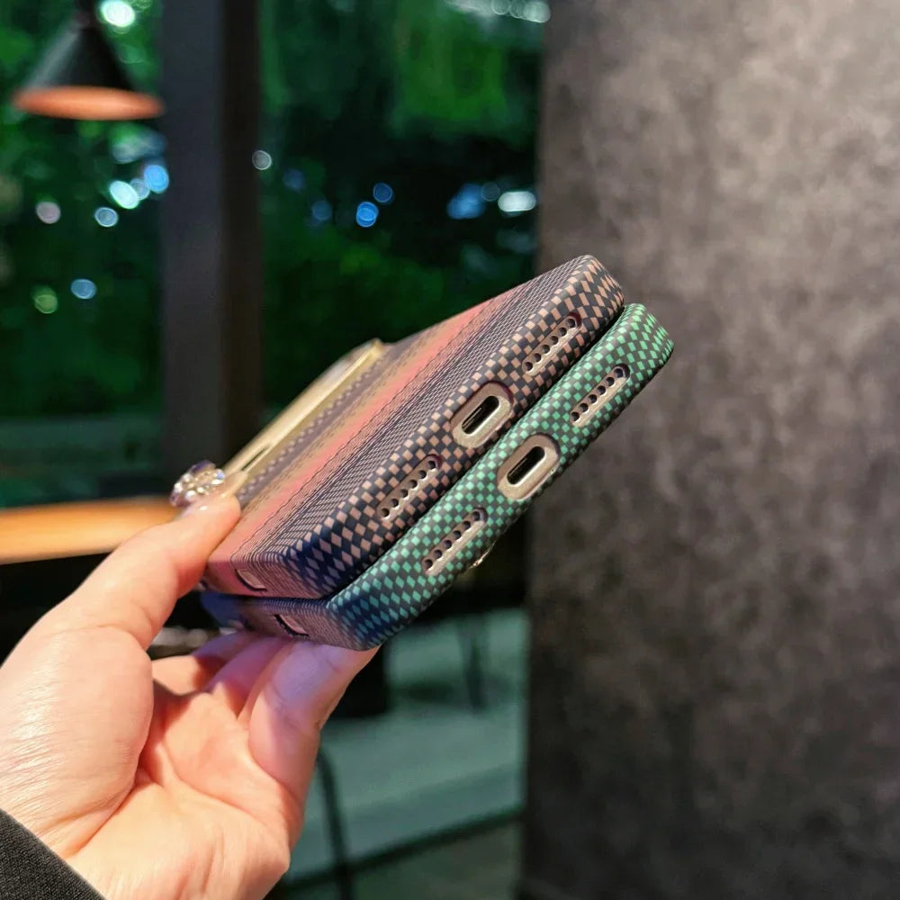 Carbon Fiber Relief Magsafe Case For iPhone 13 14 15 16 17 Pro Max Plus Magnetic Wireless Charging Alloy Lens Shockproof Cover