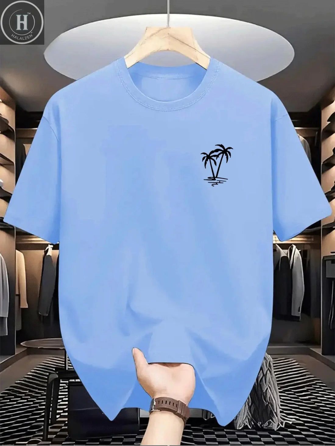 Men's summer 100% cotton fashionable casual loose coconut tree pattern printed sports round neck short sleeved T-shirt top HALALZEN