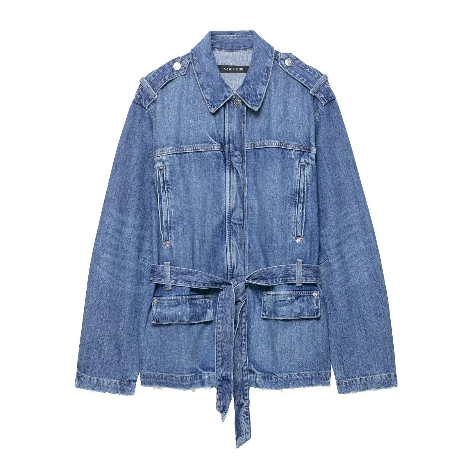 KIDCRKJ Elegant Women Spring Denim Jacket Lace Up Lapel Collar Full Sleeve Jean Outwear For Lady Stylish Desinged Female Coat