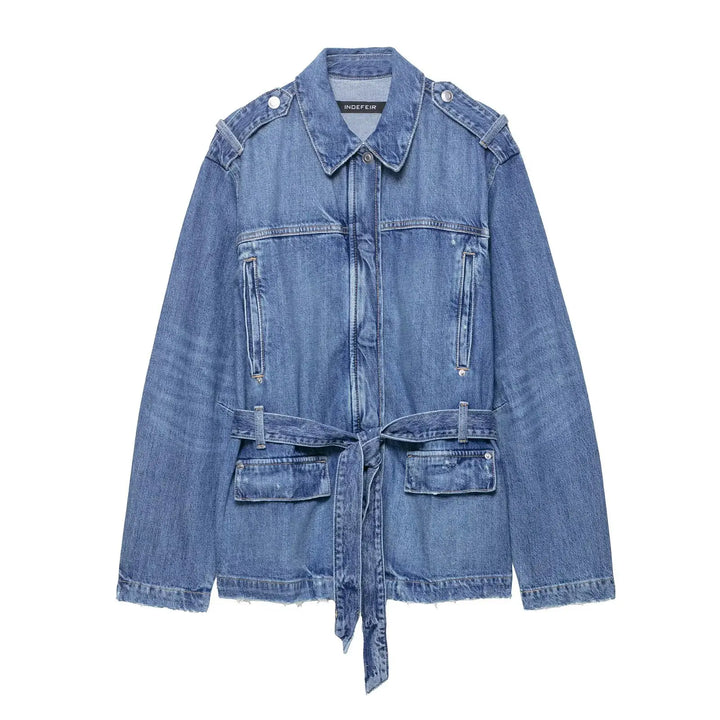 KIDCRKJ Elegant Women Spring Denim Jacket Lace Up Lapel Collar Full Sleeve Jean Outwear For Lady Stylish Desinged Female Coat