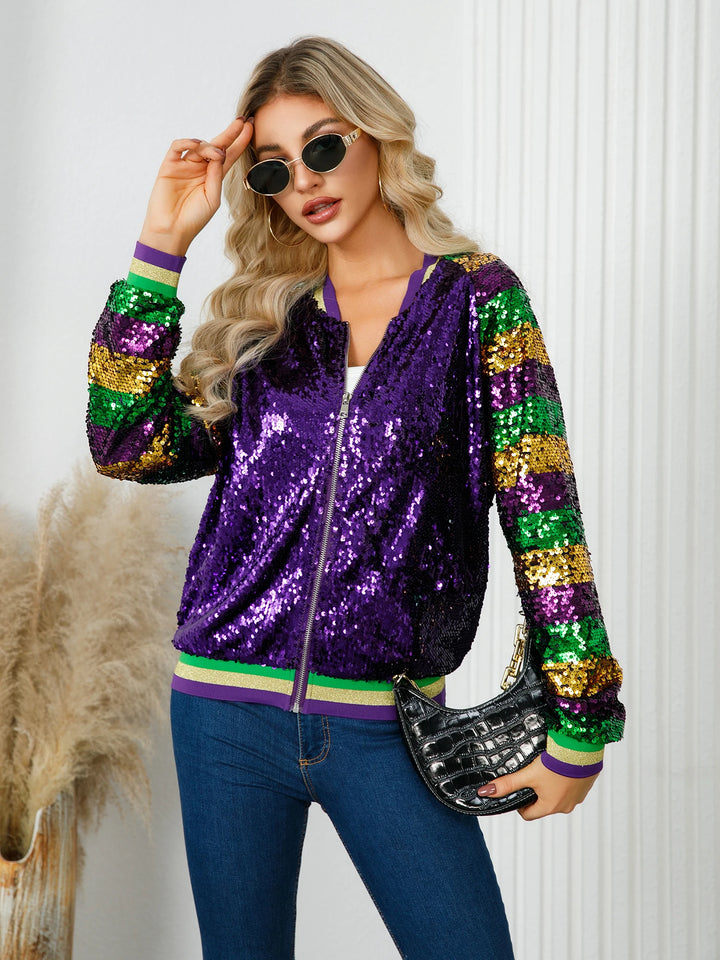 Colorful Sequin Decor Zip-up Jacket, Stylish Long Sleeve Jacket For Party & Club,Mardi Gas, Women's Clothing