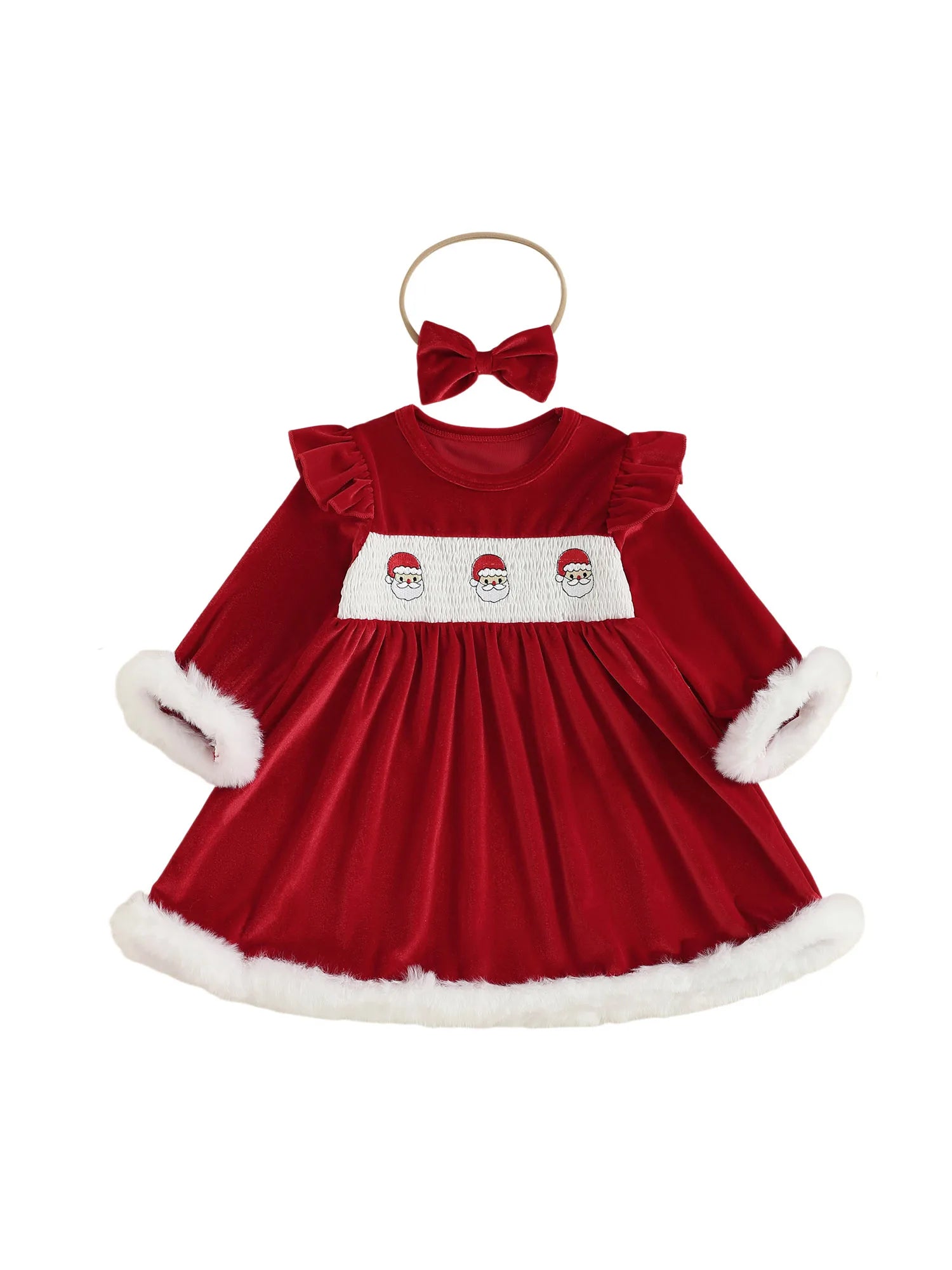 Christmas Toddler Girl Velvet Dress with Santa Claus Embroidery Round Neck Long Sleeves A Line Silhouette and Matching Bow