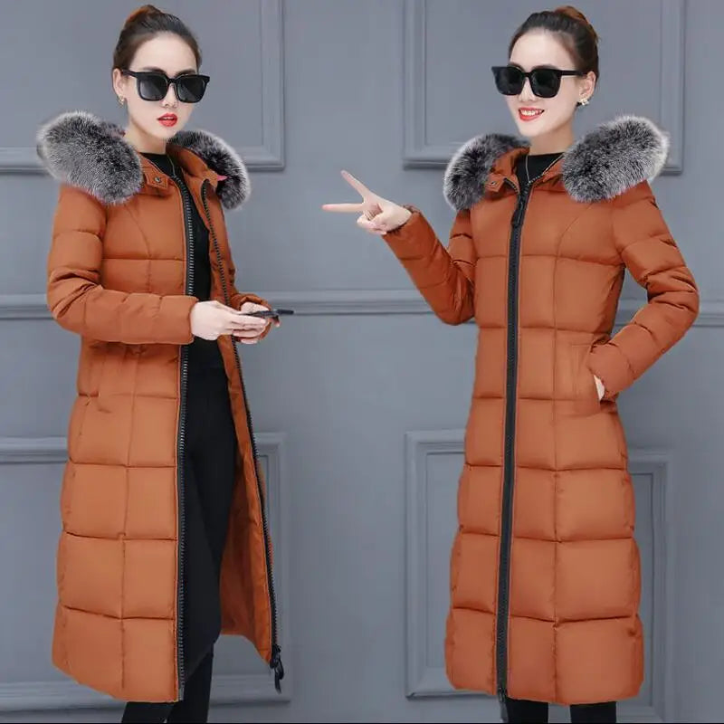 Fashion Warm Hooded Winter Coat Women Fur Collar Jacket Casual Bisic Coats Female Lady Lengthen Thickening Waterproof Slim Parka