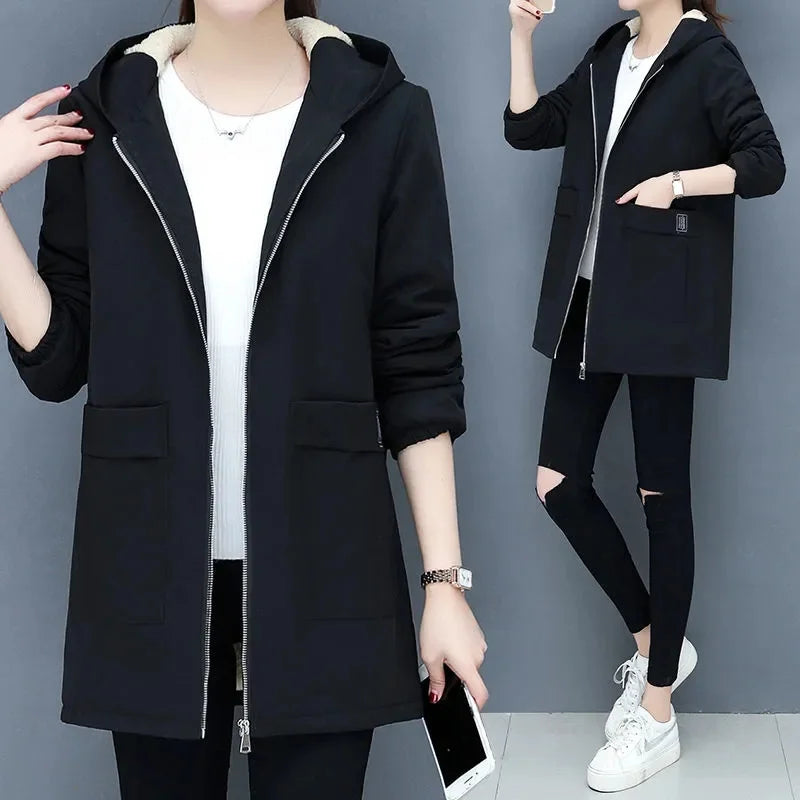 2024 New Winter Jacket Cotton Warm Puffer Coat Women Casual Parkas With Lining Plush hooded trench Outwear Women's Clothes