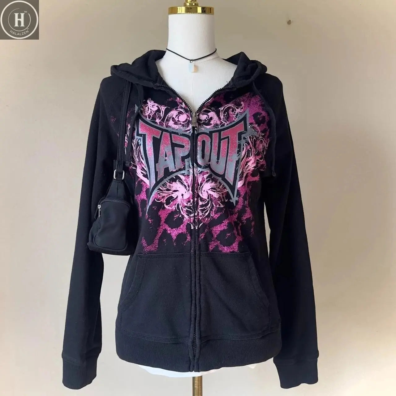 Y2K 2000s Tapout Pink & Black Grunge Angel Wings Spellout Zip Up Hoodie - Large HALALZEN