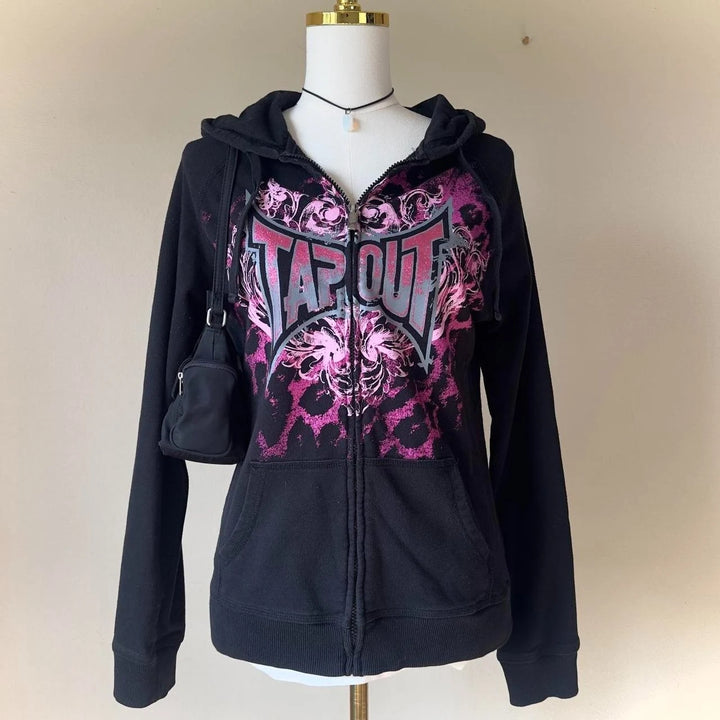 Y2K 2000s Tapout Pink & Black Grunge Angel Wings Spellout Zip Up Hoodie - Large