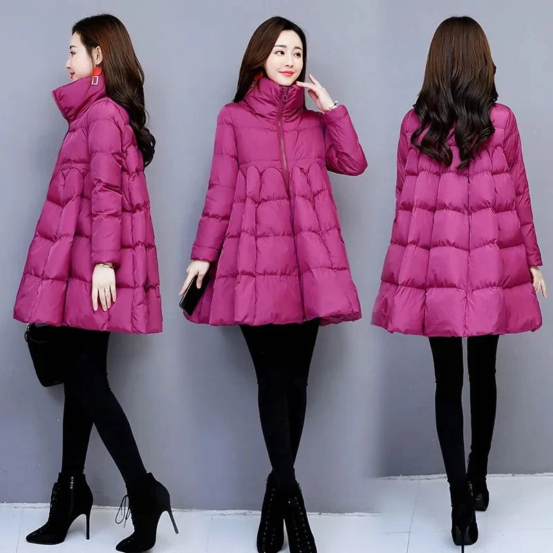 Womens Padded Down Jacket Long Loose Coat A-line Poncho Parkas Thick Skirt Cotton Outwaer Female Fashion New Winter Jacket