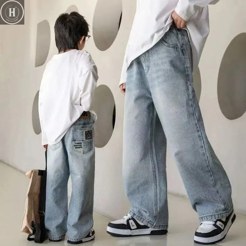 Boys Winter Warm Jeans New Style Teenage Children Trendy Brand Loose Straight Leg Fleece Denim Pants Kids Loose Trousers HALALZEN