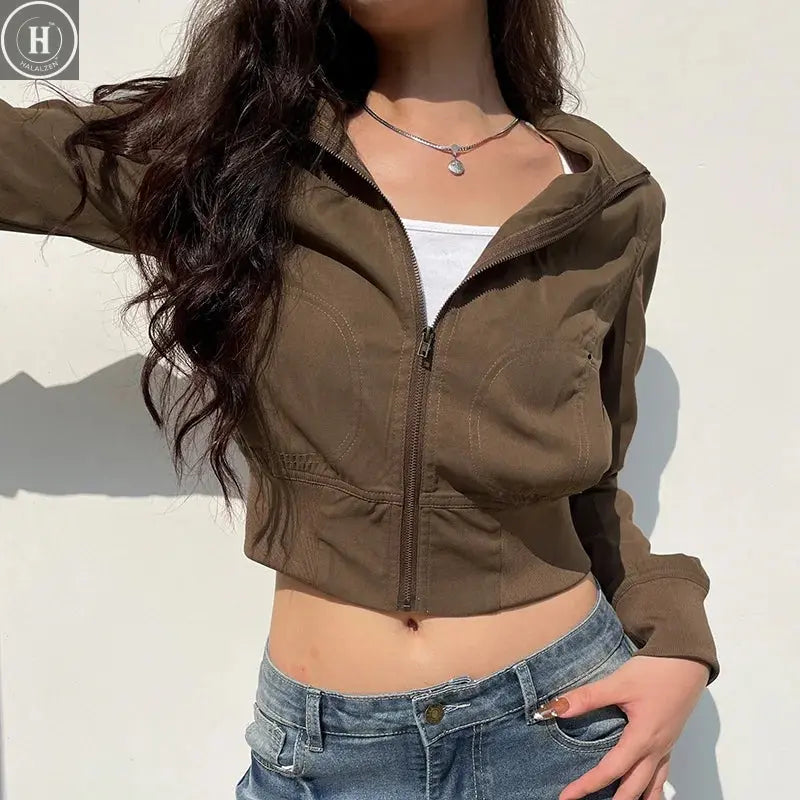 Vintage Cropped Jackets Women Stand Collar Solid Color Casual Coats Slim Pocket Zip Up Harajuku Safari Style Outwear Halalzen UK