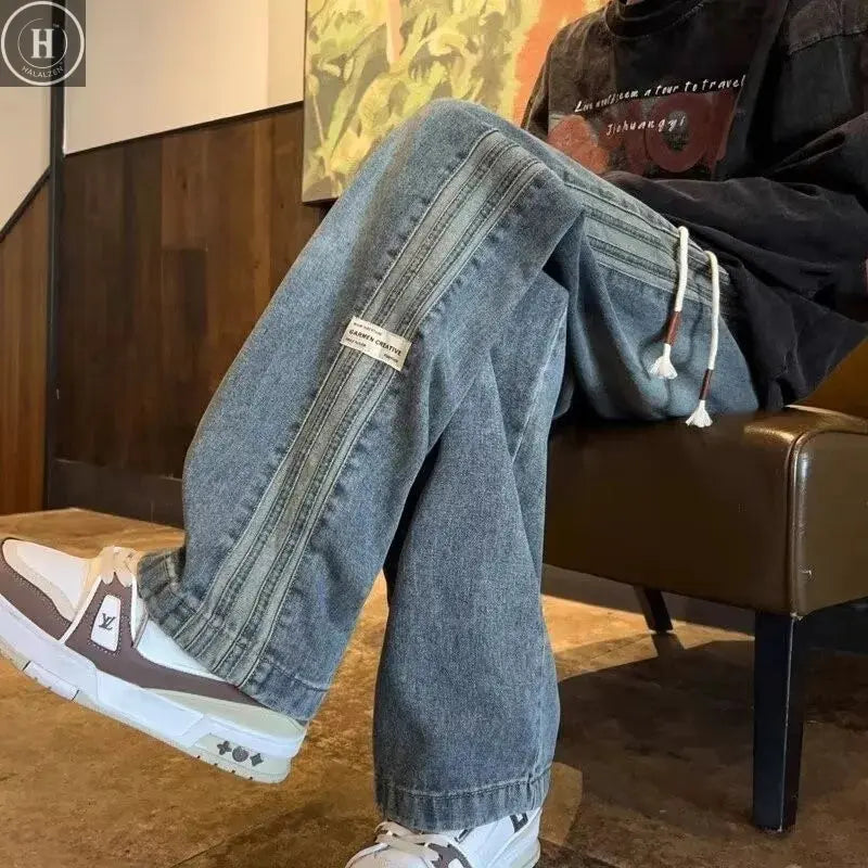 Three bar American retro jeans men's spring and autumn new style high street elastic waist loose casual men's straight leg long HALALZEN