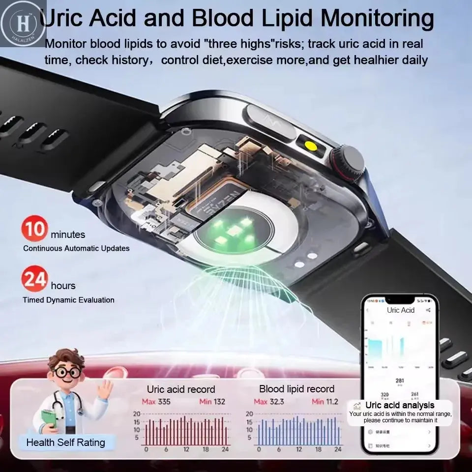 2026 New Health Smart Watch Laser Therapy Reduce Three Highs Blood Oxygen Pressure Uric Acid Blood Lipid ECG Smartwatch For Man HALALZEN