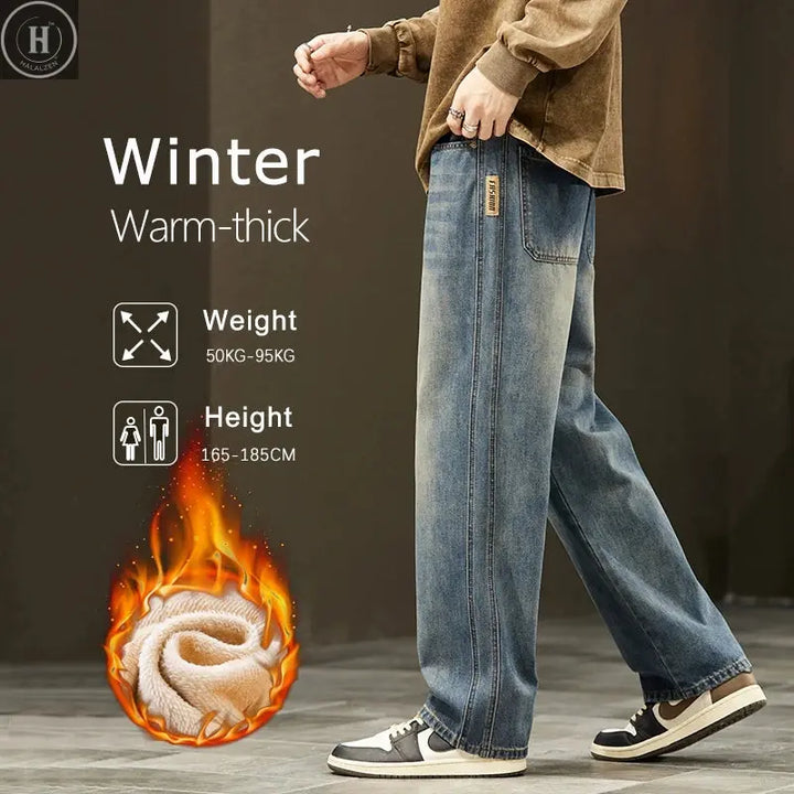 Winter Fleece Thick Cotton Jeans Men Warm Korean Velvet Loose Wide Pants Elastic Waist High Quality Outdoors Plush Trousers HALALZEN