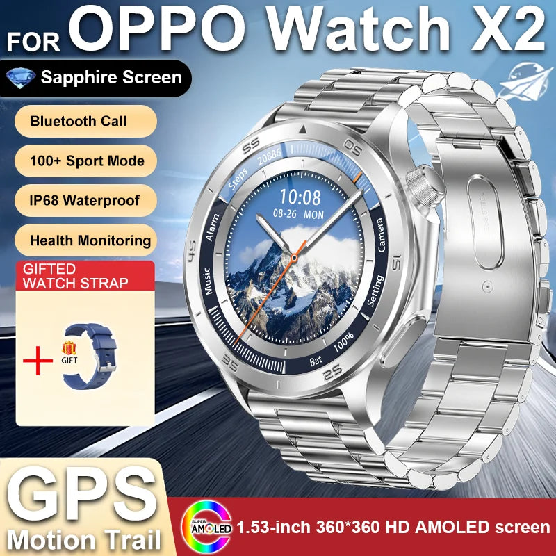 2025 New For OPPO Watch X2 GPS Smart Watch Men Bluetooth Talk Heart Rate Sports Fitness Tracker IP68 Waterproof Smartwatch Man