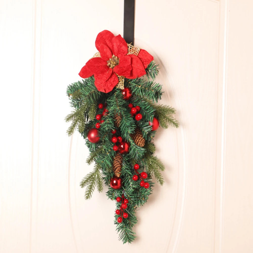 Christmas Front Door Wreath Red Berry Clusters Wreath Holiday Swag Pinecone Winter Teardrop Wreaths Hanger Decor Burlap Ribbon